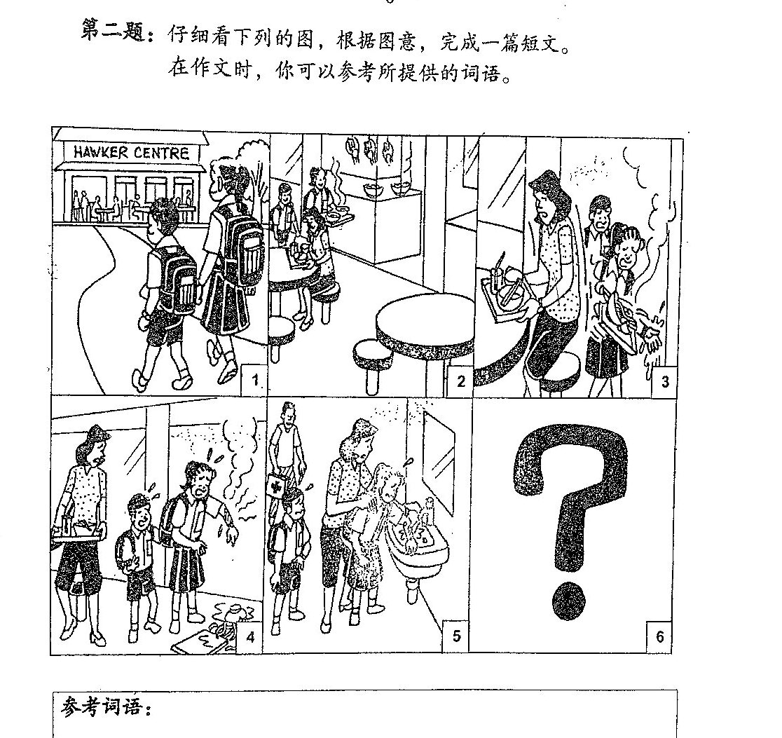 A comic strip with 6 panels showing a sequence of events at a 'Hawker Centre'. Panel 1 shows people entering a hawker centre. Panel 2 shows people sitting at a table. Panel 3 shows people standing and appearing distressed or hot. Panel 4 shows people standing indoors, some appear unwell. Panel 5 shows people in what appears to be an indoor setting with multiple figures. Panel 6 contains a large question mark, indicating the student must complete the story.