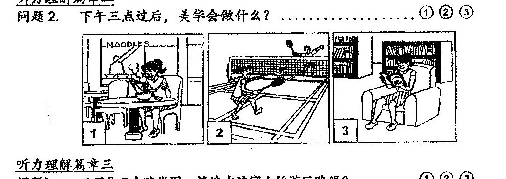 A 6-panel comic strip showing a sequence of events at a Hawker Centre. Panel 1: Children and adults walking outside the Hawker Centre entrance. Panel 2: Family eating at tables in the hawker centre. Panel 3: Family cooking or preparing food. Panel 4: Children appear to have spilled or scattered something (marked with 'S'). Panel 5: An adult attending to children who seem distressed or injured. Panel 6: A large question mark indicating the missing final panel that students must write about.