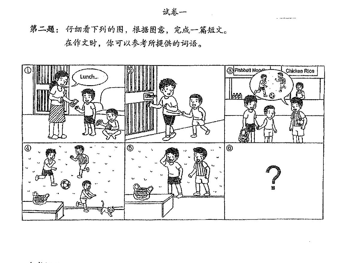 A series of 6 comic-style panels showing children's daily activities: (1) A mother saying 'Lunch...' to children in a kitchen/dining area. (2) Children going outside/entering a doorway. (3) Children in what appears to be a food court or restaurant setting with a 'Food Court' sign and 'Chicken Rice' label visible. (4) Children playing with a soccer ball in what appears to be a recreational area. (5) Children playing with a ball and a dog in an outdoor setting. (6) A question mark, indicating the next scene is to be determined or imagined.