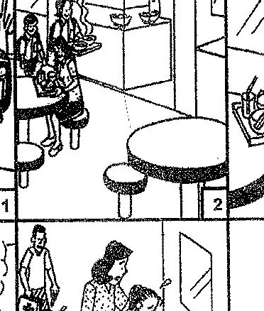 A comic strip with 5 numbered panels showing a sequence of events at a Hawker Centre. Panel 1: Shows the entrance of Hawker Centre with people standing outside. Panel 2: Shows children sitting at a table eating. Panel 3: Shows children eating and one appears to be choking or in distress. Panel 4: Shows adults (likely parents) with concerned expressions, one appears to be calling for help or reacting urgently. Panel 5: Shows what appears to be a medical or emergency response situation. A large question mark appears in the bottom right, indicating students must write about or complete the story.