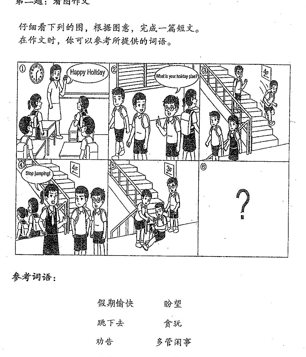 A comic strip style illustration showing a school scene with multiple panels. Panel 1 (top left): A teacher at a blackboard with 'Happy Holiday' written on it, talking to a student. Panel 2 (top middle): Students talking with speech bubble 'What is your holiday plan?'. Panel 3 (top right): A group of students standing near stairs. Panel 4 (bottom left): A student on stairs with label 'Stop jumping'. Panel 5 (bottom middle): Students on stairs. The illustration shows various school activities and interactions between students and a teacher. A large question mark appears on the right side of the page, indicating space for the essay response.