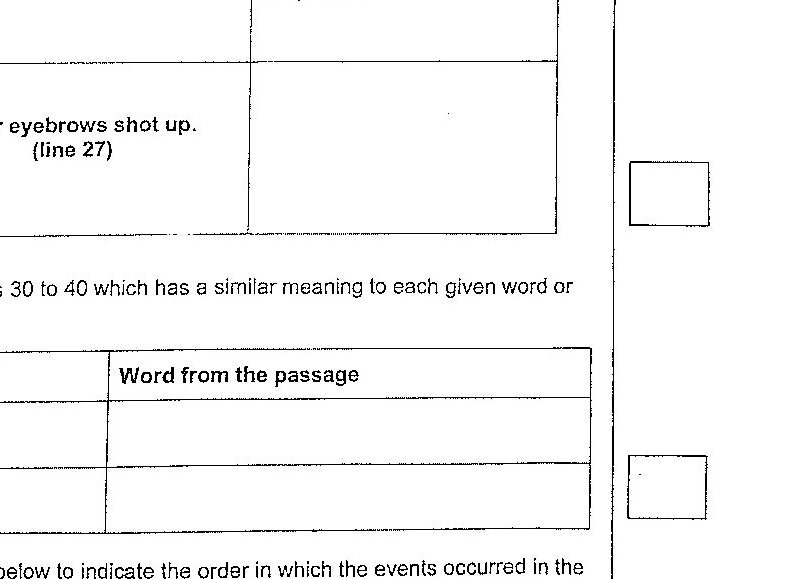 A table with three columns: character names, 'Action', and 'What it meant'. Row (a) shows 'Daniel' with blank action and meaning 'He gave permission for Mrs Atkins to check the label in his jacket.' Row (b) shows 'Mrs Atkins' with action 'Her eyebrows shot up. (line 27)' and blank meaning.