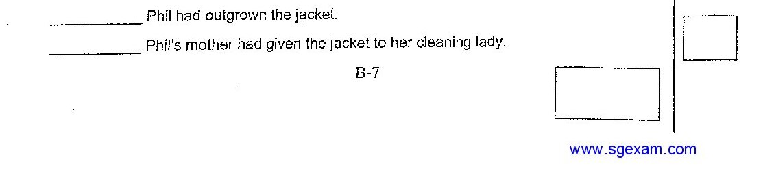 Three blank lines followed by statements: '__________ Daniel received a gift from his grandmother.', '__________ Phil had outgrown the jacket.', '__________ Phil's mother had given the jacket to her cleaning lady.'