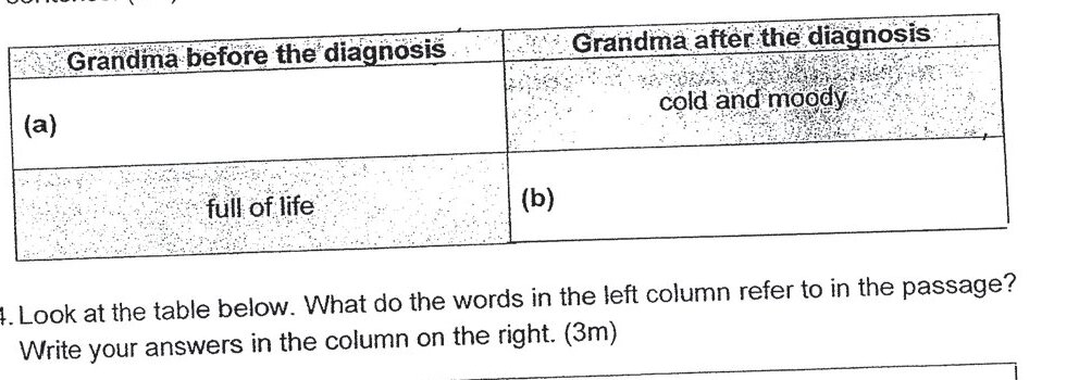 A two-column table with headers 'Grandma before the diagnosis' and 'Grandma after the diagnosis'. Row (a) shows 'full of life' in the left column and 'cold and moody' in the right column. Row (b) has empty cells for answers to be filled in.