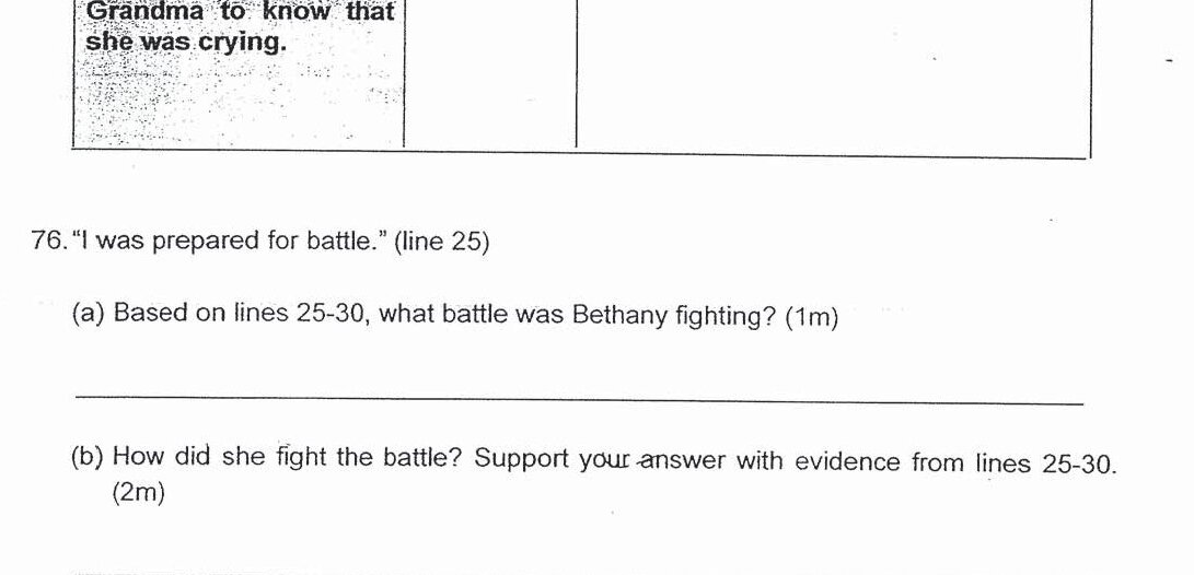 A table with three columns: Statement, True/False, and Reason. Two statements are listed: (1) 'The patchwork quilt was a symbol of Grandma's unconditional love for Bethany.' (2) 'Bethany did not want Grandma to know that she was crying.'