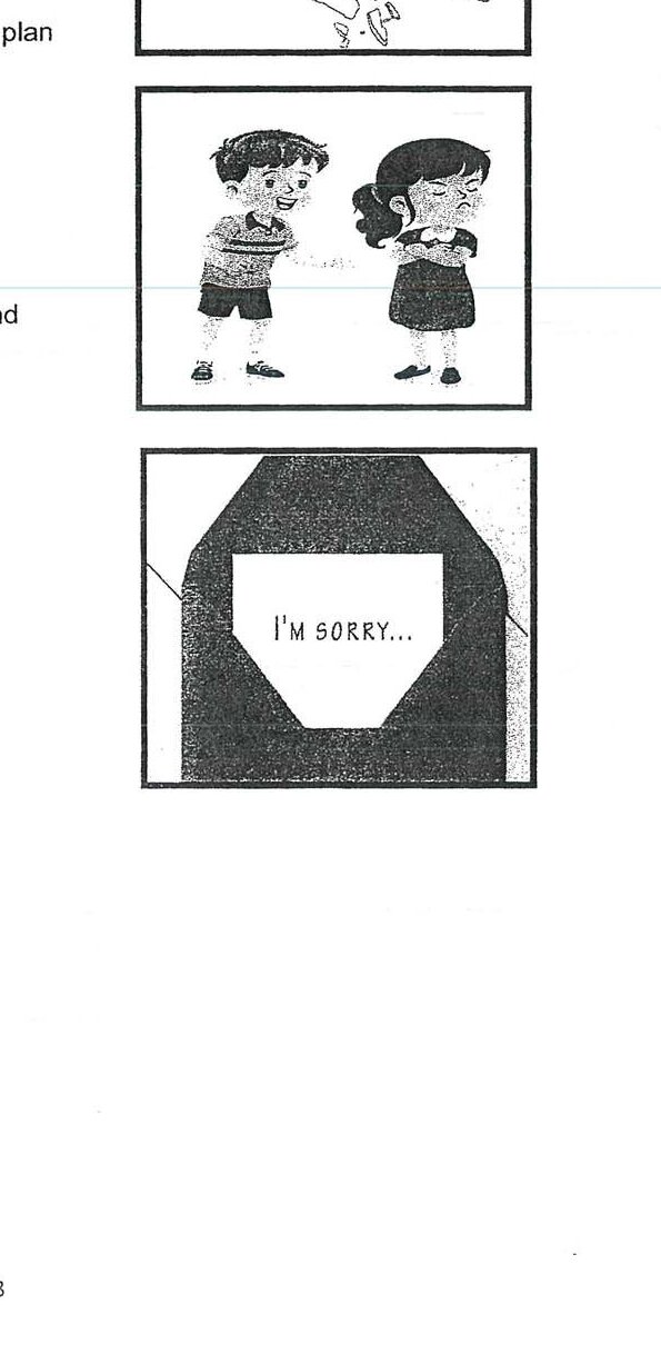 Three images are provided:
1. Top image: A sketch showing feet/legs of two people standing close together, appearing to be in contact or making peace
2. Middle image: Two cartoon children (boy and girl) facing each other with what appears to be reconciliation or communication between them
3. Bottom image: A silhouette of a person's head in profile with a speech bubble containing the text "I'M SORRY..."
