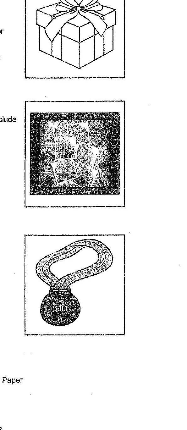 Three images are provided: (1) A wrapped gift box with a bow on top; (2) A photograph or portrait of a person's face (appears grainy or pixelated); (3) A pendant or locket on a chain/string.