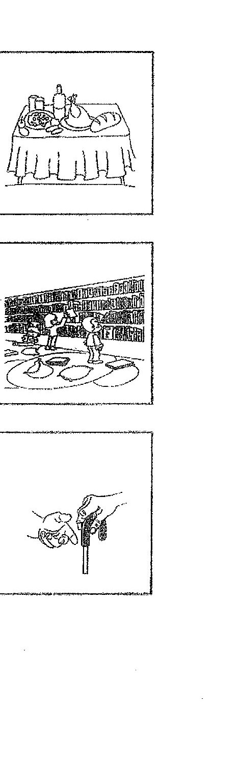Three illustrations provided as visual prompts:
1. Top image: A family gathered around a dining table with food, showing a meal together
2. Middle image: An outdoor scene showing people playing sports/games on a field with stadium/buildings in background
3. Bottom image: Two people appearing to help or support each other outdoors