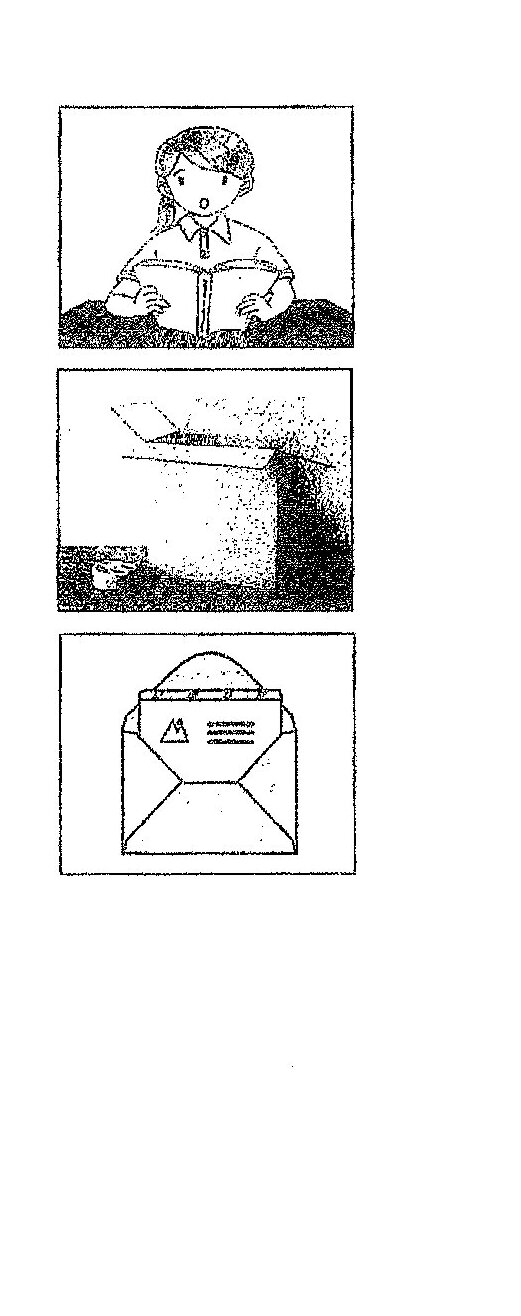 Three pictures provided as prompts: (1) A child/young person examining something in soil or ground with a magnifying glass or similar tool; (2) A landscape scene showing what appears to be a ship or boat on water, possibly in rough or stormy conditions; (3) An open envelope or letter with a triangular symbol or warning sign visible