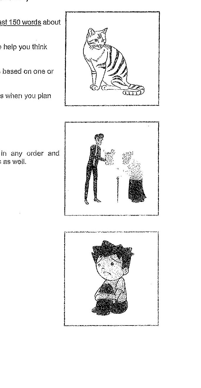 Three black and white illustrations: (1) A striped cat sitting upright; (2) A person standing and helping/assisting a small child who appears to be sitting or falling; (3) A young boy with a sad or worried expression on his face