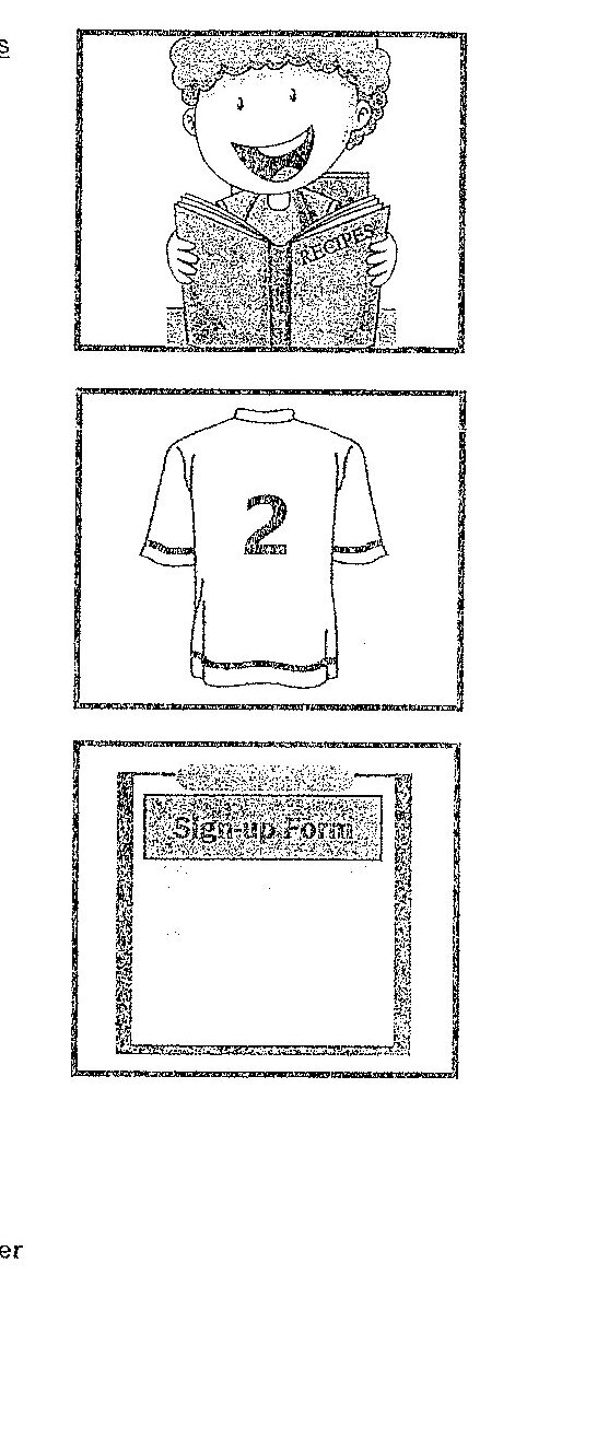 Three images provided as visual prompts: (1) A smiling child with a colorful patterned shirt; (2) A sports jersey with the number 2; (3) A sign-up form or document