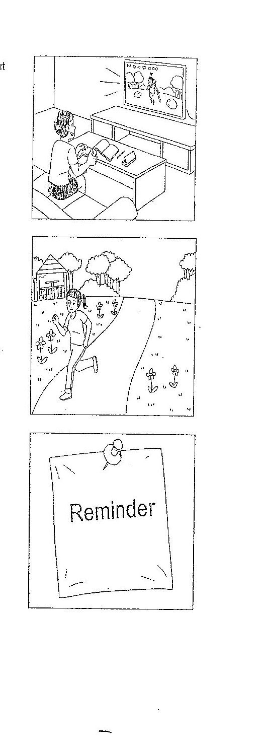 Three illustrations are provided: (1) A child sitting at a desk doing homework with a calendar and schedule on the wall behind them; (2) A child jogging/running outdoors in a park or garden setting with trees and flowers; (3) A reminder note/card with the word 'Reminder' written on it, pinned with a thumbtack.