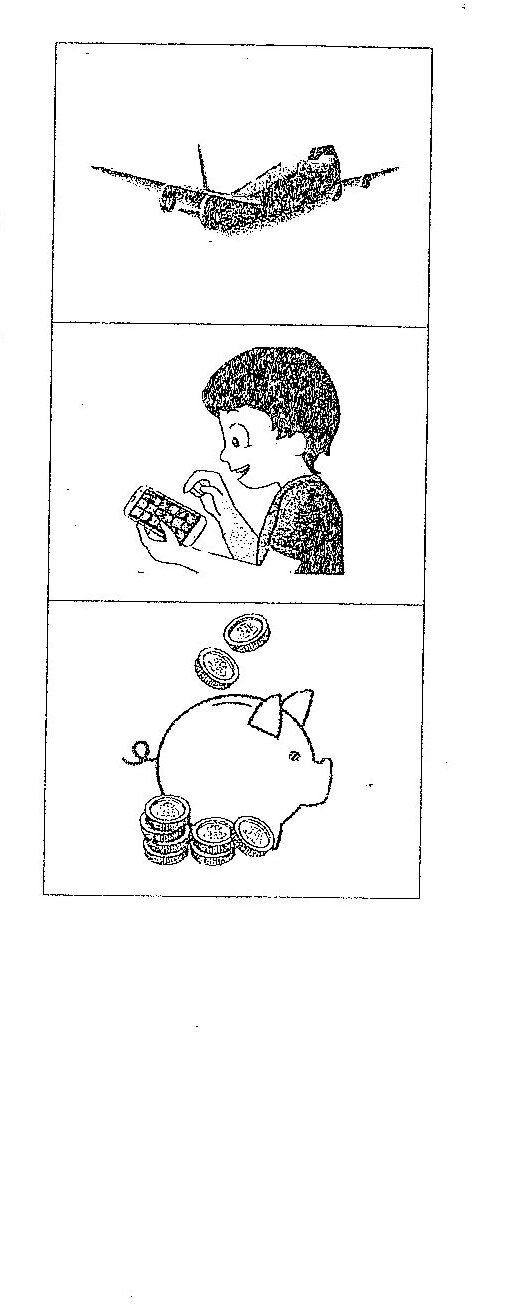 Three illustrations provided as stimulus for composition: (1) An airplane in flight viewed from below; (2) A child/young person reading a book; (3) A piggy bank with coins being deposited into it