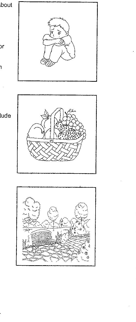 Three images provided as prompts: (1) A sketch of a sad or thoughtful person sitting alone in a curled-up position; (2) A sketch of a basket filled with fruits and vegetables; (3) A sketch of a garden or farm scene with trees, plants, and what appears to be a cultivated landscape.