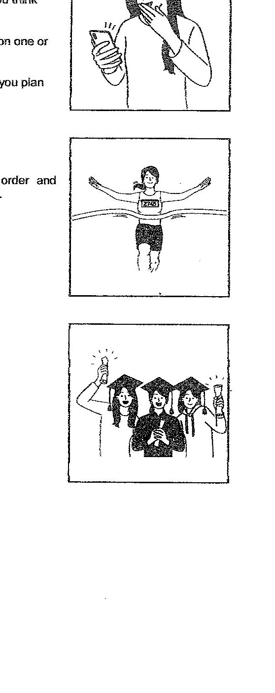 Three illustrations are provided:
1. Top image: A person with braided hair looking surprised or shocked, holding something in their hand.
2. Middle image: A person with arms raised in celebration or triumph, appearing to be crossing a finish line with a banner.
3. Bottom image: A group of people (appears to be 4-5 individuals) gathered together with one person raising their arm, suggesting celebration or group achievement.