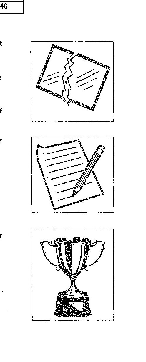 Three images provided as visual prompts: (1) A torn piece of paper or broken item, (2) A blank lined paper with a pencil, (3) A trophy or award cup