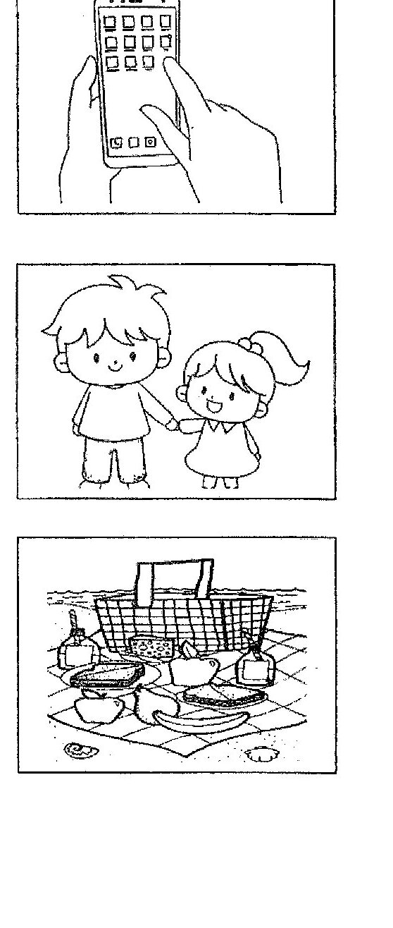 Three diagrams provided as prompts:
1. A hand holding a mobile phone/smartphone with a grid of app icons displayed on the screen
2. Two cartoon children (a boy and a girl) standing together holding hands, both smiling
3. A picnic scene with a basket, various food items (fruits, bread, sandwich), bottles, and utensils spread out on a checkered cloth