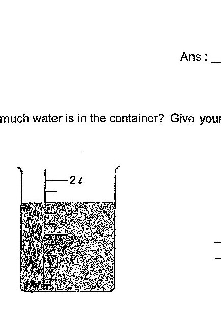 A rectangular container with water shown as shaded area. The container has a height marking of 2 ℓ indicated on the left side. The water level appears to be marked on the right side with two horizontal lines showing the measurement.