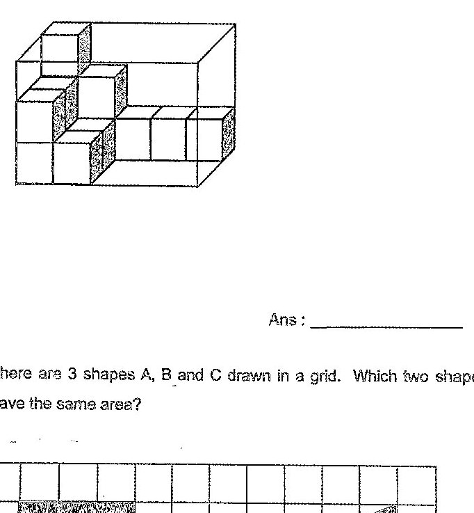 A 3D rectangular glass box shown in isometric view, partially filled with unit cubes (shown with shading/hatching). The cubes are stacked in layers. The box appears to have dimensions that can be counted from the visible cube arrangement.