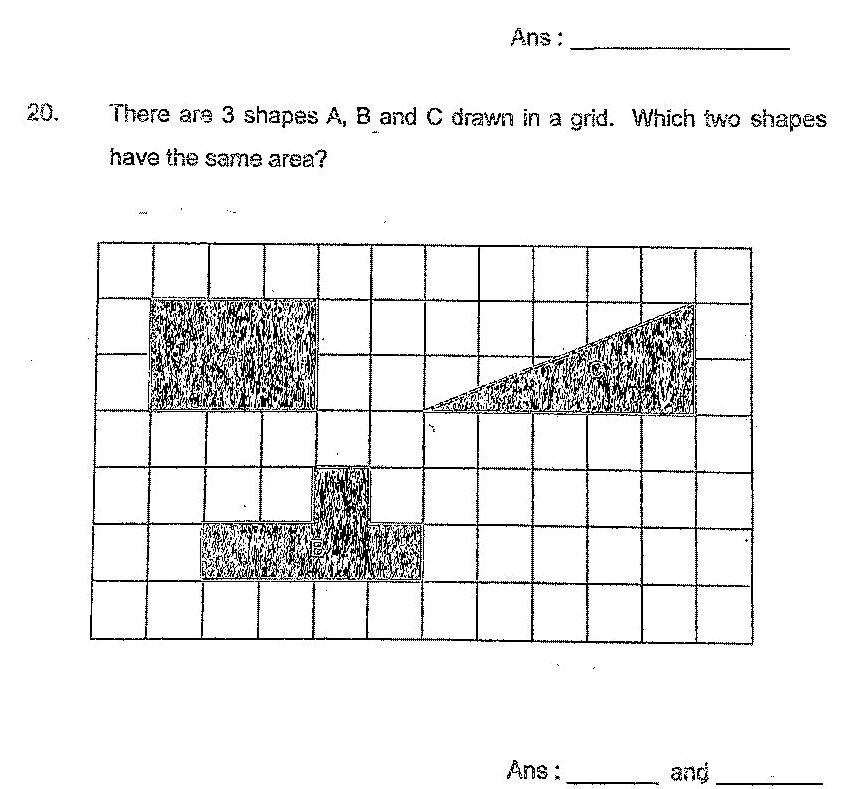 A grid showing three different shaded shapes labeled A, B, and C. Shape A appears to be an irregular quadrilateral in the upper-left portion. Shape B is an irregular shape in the lower-left portion. Shape C is an irregular quadrilateral in the upper-right portion. All shapes are drawn on a square grid where each square represents one unit.