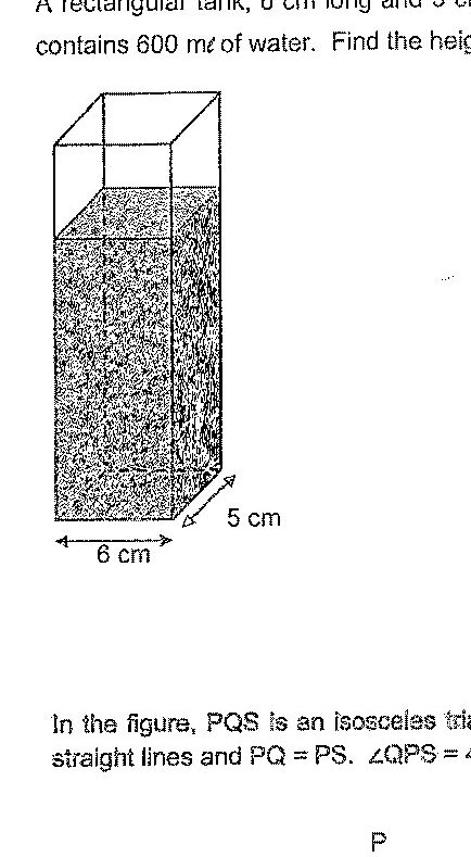 A rectangular prism (tank) with dimensions labeled: length 6 cm, width 5 cm. The tank is partially filled with water shown by shaded region. The water level is indicated inside the tank.