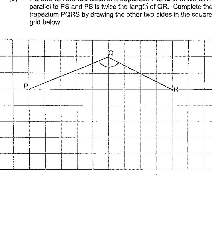 The same square grid as in part (a), with points P, Q, and R already marked and connected by lines PQ and QR. Students are required to complete the trapezium by drawing sides RS and SP, where SP is parallel to QR and PS = 2 × QR.