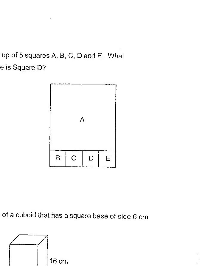 A composite figure made up of 5 squares. Square A is a large square at the top. Squares B, C, D, and E are smaller equal-sized squares arranged in a row at the bottom of the figure, aligned with the width of square A.