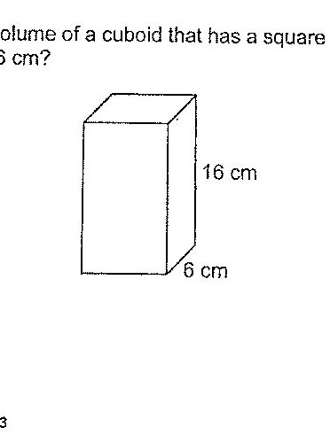A cuboid (rectangular prism) with a square base. The base side length is labeled as 6 cm and the height is labeled as 16 cm.