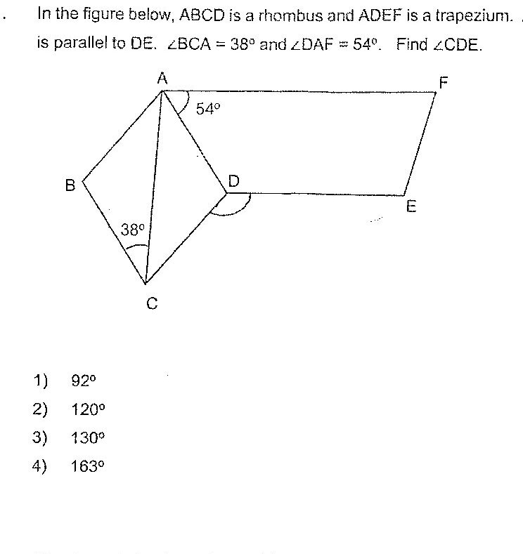 A figure showing a rhombus ABCD on the left with point C at the bottom. Triangle ABC is formed with angle BCA marked as 38°. A trapezium ADEF is shown on the right with AF parallel to DE. Angle DAF is marked as 54°. Points are labeled A (top), B (left), C (bottom), D (middle), E (bottom right), F (top right).