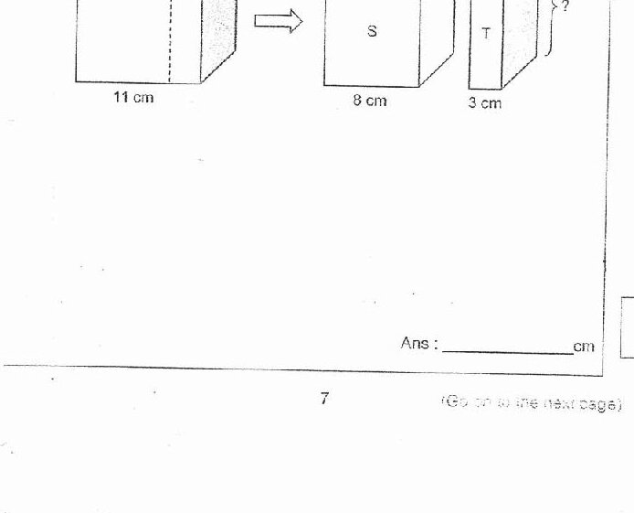 A diagram showing an original cuboid with dimensions 11 cm (length) being cut along a dotted line into two smaller cuboids labeled S and T. Cuboid S has a width of 8 cm, and cuboid T has a width of 3 cm. The height of cuboid T is marked with a question mark. The shaded face is a square.