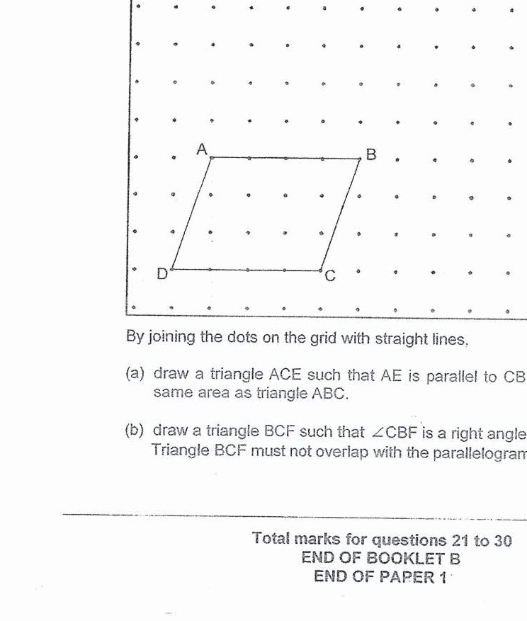 A square grid with dots arranged in rows and columns. A parallelogram ABCD is drawn on the grid with vertices labeled A, B, C, and D. The parallelogram appears to be slanted, with A and B on an upper horizontal line, and D and C on a lower horizontal line. Grid dimensions appear to be approximately 13 columns × 10 rows of dots.