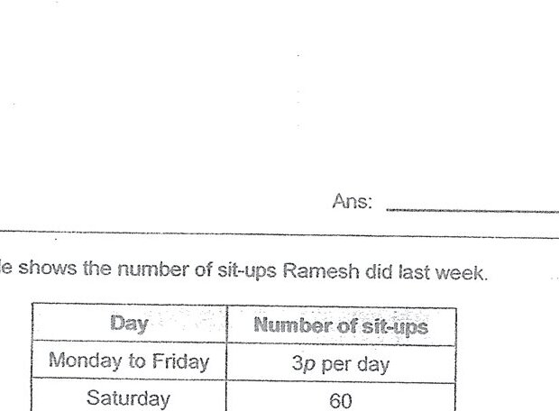 A table with two columns: 'Day' and 'Number of sit-ups'. The rows are: Monday to Friday - 3p per day; Saturday - 60; Sunday - 4p - 8