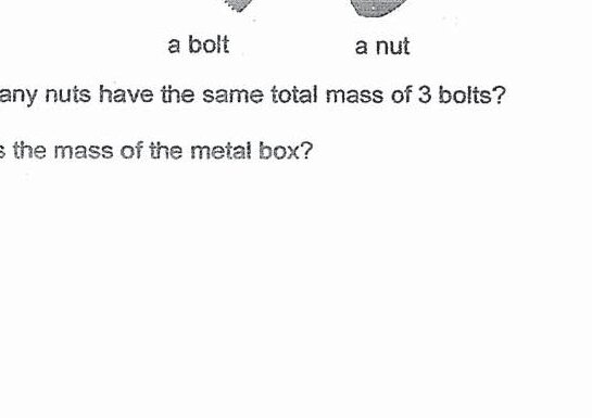 Two images shown: a bolt (threaded metal fastener) labeled 'a bolt' and a nut (hexagonal metal piece) labeled 'a nut'