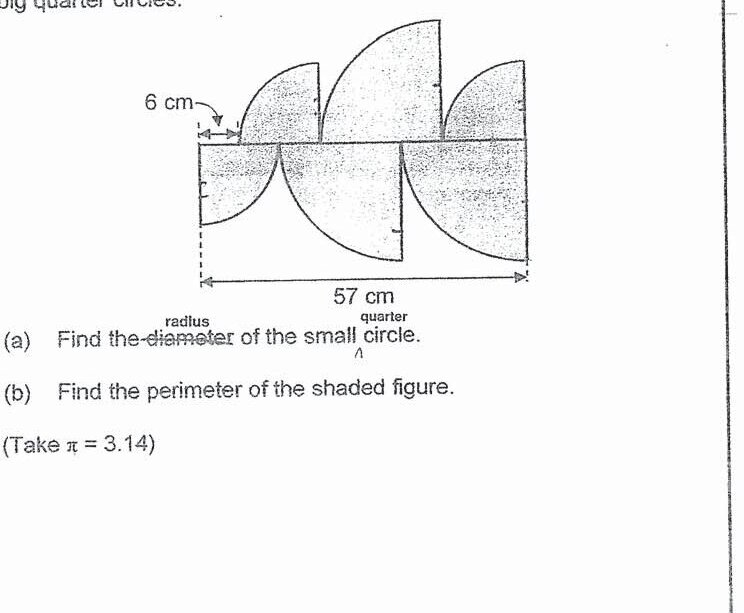 Same rectangular figure as 16a. The shaded regions consist of the 3 big quarter circles (unshaded in the diagram are the 3 small quarter circles and the rectangular sections between them).