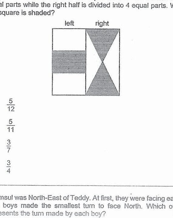 A square divided vertically into left and right halves. The left half is divided into 3 equal horizontal sections, with 1 section shaded (appears to be the middle section). The right half is divided into 4 equal triangular sections by diagonal lines, with 2 sections shaded (appearing as a triangular pattern, with upper right and lower left triangles shaded).