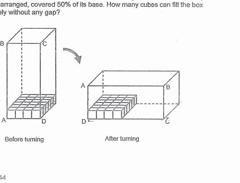 Two diagrams of rectangular boxes are shown. The 'Before turning' diagram shows a box with vertices labeled A, B, C, D, with unit cubes covering the base. The 'After turning' diagram shows the same box rotated and resting on the ground with unit cubes covering 50% of the base. The boxes are drawn in 3D perspective with dashed lines indicating hidden edges.