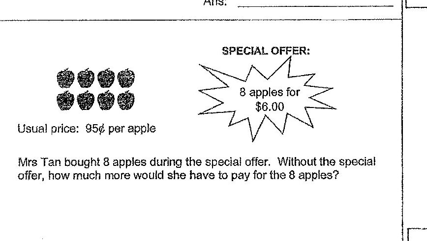 Eight apple icons arranged in two rows of four. Text indicates: Usual price: 95¢ per apple. Special offer: 8 apples for $6.00