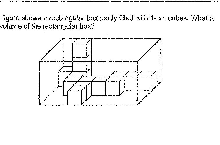 A 3D drawing of a rectangular box (cuboid) with some 1-cm cubes visible inside it. The cubes are shown in an isometric view, with multiple small cubes stacked within the larger box to indicate the filling pattern.