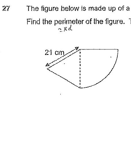 A composite figure consisting of a quarter circle and an equilateral triangle. The side length is labeled as 21 cm. The quarter circle appears to be attached to one side of the triangle, with the radius equal to the side length of the equilateral triangle (21 cm). A dashed vertical line indicates the radius of the quarter circle.