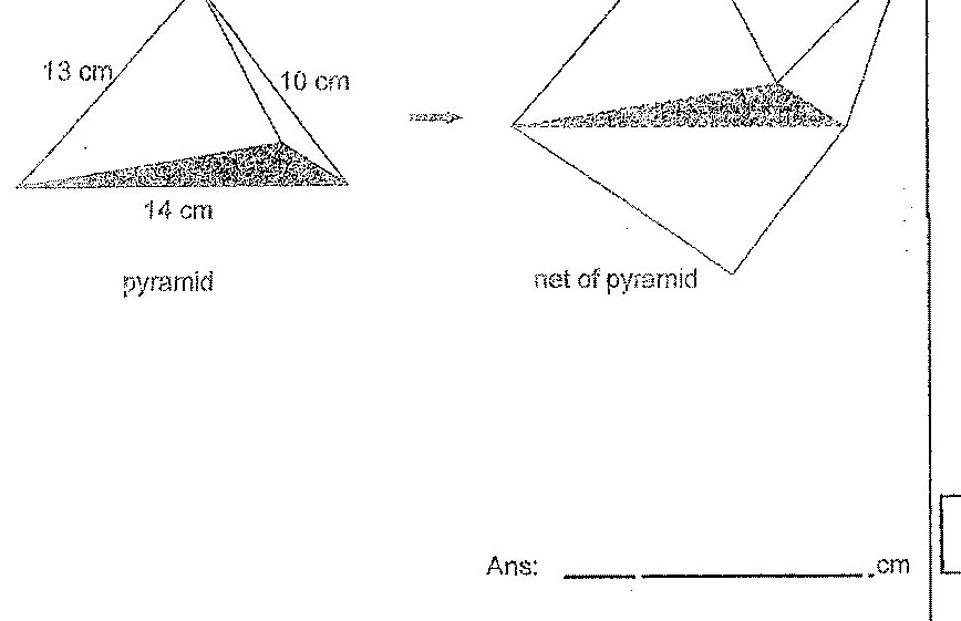 Two diagrams shown: (1) A pyramid with a rectangular base (14 cm × base width) and two triangular faces with slant heights of 13 cm and 10 cm labeled. The base is shaded. (2) The net of the pyramid showing the unfolded shape with the same rectangular base (shaded) and four triangular faces arranged around it.