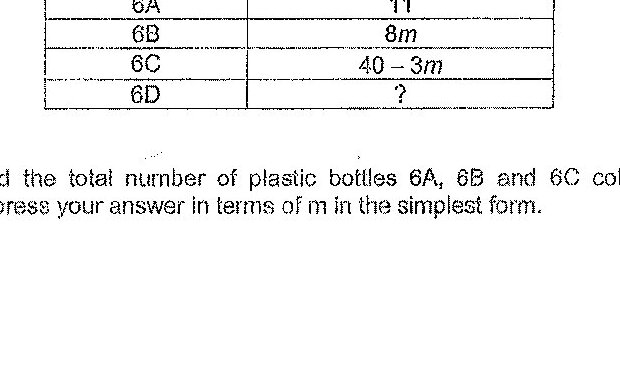 A table showing the number of plastic bottles collected by four classes: Class 6A collected 11 bottles, Class 6B collected 8m bottles, Class 6C collected (40 - 3m) bottles, and Class 6D collected an unspecified number of bottles (partially visible in image).