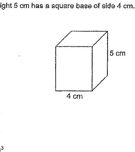 A 3D cuboid (rectangular prism) with a square base. The base side is labeled 4 cm and the height is labeled 5 cm.