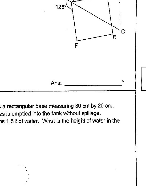 A geometric figure showing point A at the center with multiple rays extending outward. Triangle ABC is equilateral with B at top right and C at bottom right. Square ADEF is formed with D and E at bottom right, F at bottom left. Point G is on the left side. An angle of 128° is marked at point A between rays AG and AF.