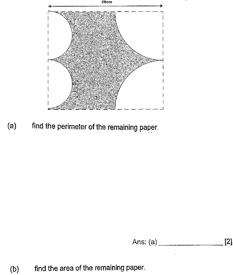 A square with side length 28cm. Two semicircles are cut out from the top and bottom edges (one from each), and two quadrants are cut out from the left and right sides (one from each). The remaining paper (shown in grey with stippled pattern) forms a shape with four curved indentations.