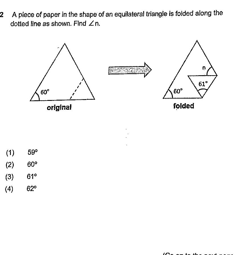 Two diagrams showing an equilateral triangle before and after folding. The original triangle shows a 60° angle marked at the bottom left vertex. The folded diagram shows the result after folding along a dotted line, with a 61° angle marked and angle n marked at the top right, with another 60° angle marked at the bottom left.