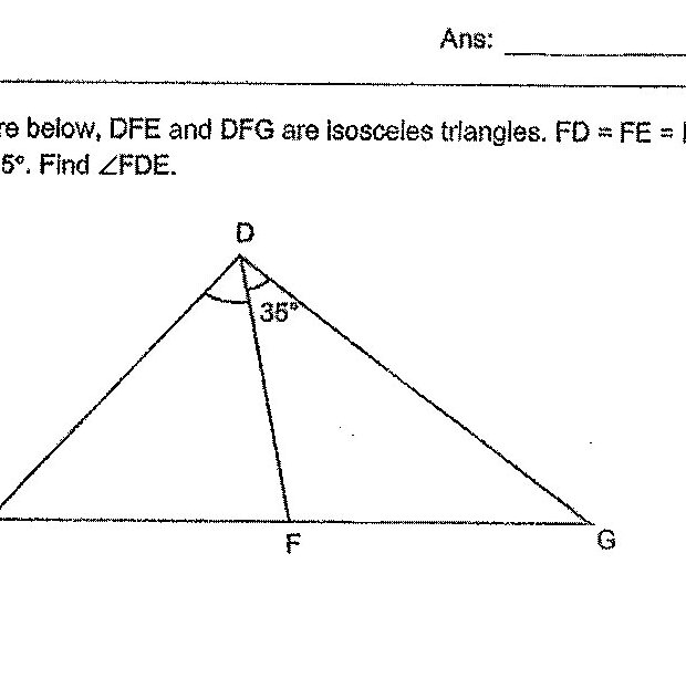 Two isosceles triangles sharing a common side DF. Triangle DFE is on the left with vertices D (top), E (bottom left), F (bottom right). Triangle DFG is on the right with vertices D (top), F (bottom left), G (bottom right). The angle at D marked as 36° is ∠FDG. Points E, F, G appear to be collinear on the base.