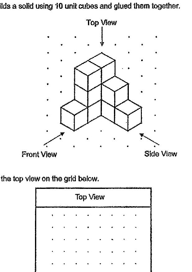 An isometric drawing of a 3D solid made from 10 unit cubes arranged in a stepped pyramid-like structure. The solid is shown from three perspectives: Front View (left), Top View (top), and Side View (right). The structure appears to have 3 cubes on the bottom layer, 3 cubes on the middle layer, and 2 cubes on the top layer, arranged in a staggered formation.