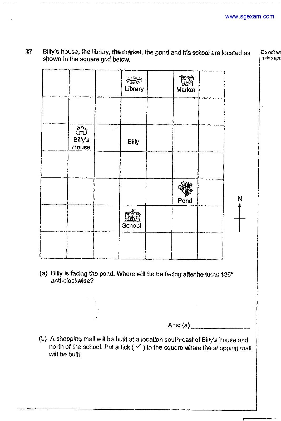 A square grid containing 7 columns and 7 rows. The grid shows the locations of: Library (top row, center-right), Market (top row, right), Billy's House (middle-left area), Billy (marked with a person icon, center area), Pond (center-right area), and School (lower-center area). A compass rose indicates North pointing upward.