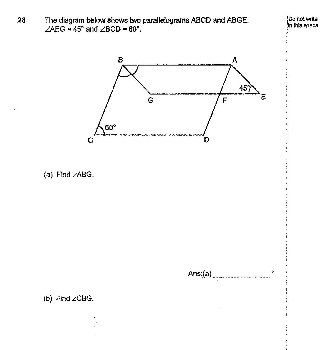 Two parallelograms ABCD and ABGE sharing side AB. Parallelogram ABCD has vertices A (top right), B (top left), C (bottom left), D (bottom right) with ∠BCD = 60° marked at C. Parallelogram ABGE has vertices A (top right), B (top left), G (middle left), E (middle right) with ∠AEG = 45° marked at E. Point F lies on segment GD. The angle at A in parallelogram ABGE is marked as 45°.