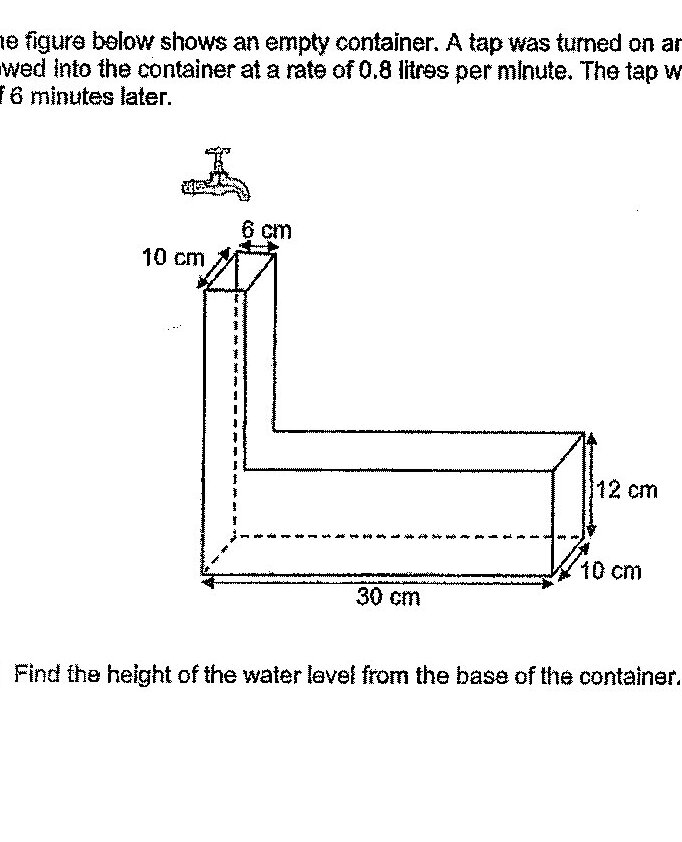A 3D diagram of an L-shaped container. The container consists of a vertical rectangular section (6 cm wide, 10 cm deep, 10 cm tall) connected to a horizontal rectangular base section (30 cm long, 10 cm wide, 12 cm tall). The tap is shown at the top of the vertical section.